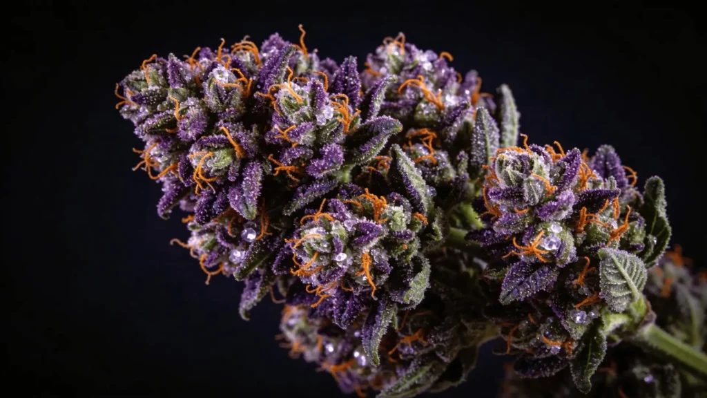 jealousy strain guide cannabis buds with deep-purple-coloring-bright-orange-pistils-and-crystal-trichomes-on-black-background.webp