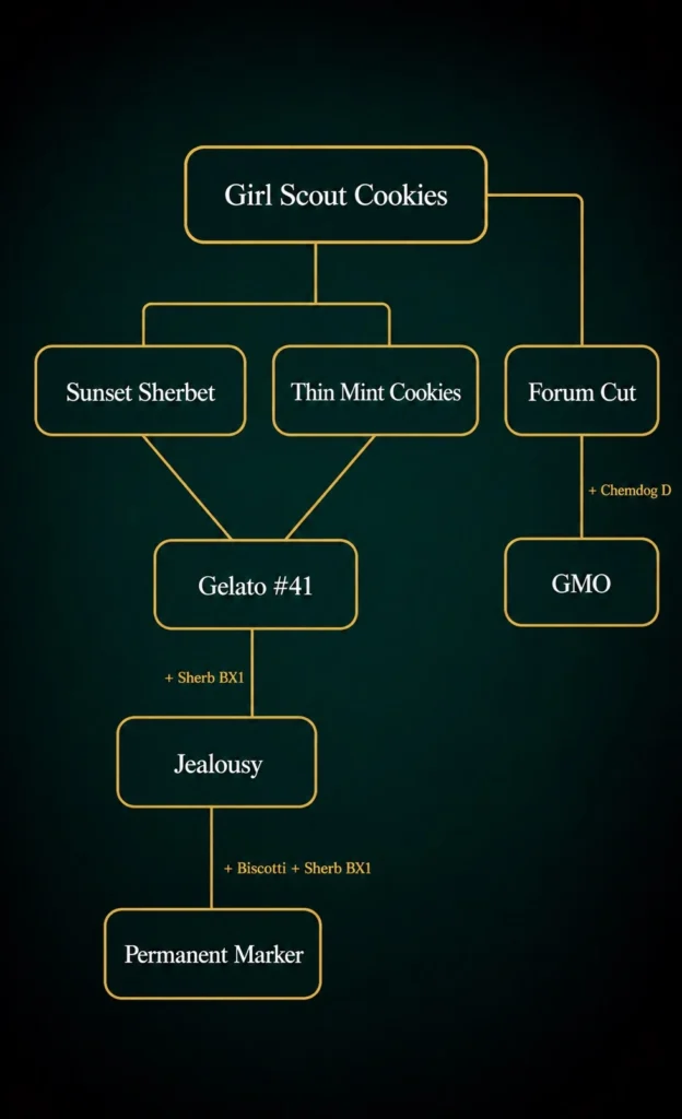 Cookies cannabis lineage diagram — Girl Scout Cookies family tree showing Sunset Sherbet, Thin Mint Cookies, Gelato #41, Jealousy, Permanent Marker, Forum Cut and GMO | Sigma Seeds Australia