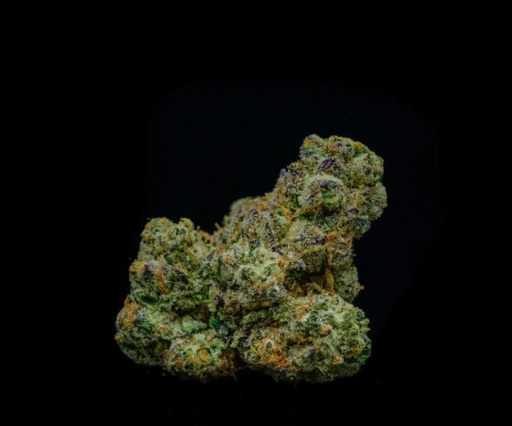 Wedding Cake cannabis buds showing green and purple colour, orange pistils and dense resin on a black background
